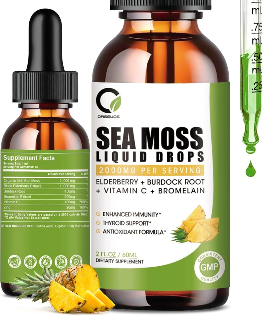 Sea Moss Drops 2000mg, Irish Sea Moss Supplement wspiera odporność, z Black Elderberry, Burdock Root, Bromelain, Witamina C & Cynk, 2 Fl.Oz, Flavor ananasowy