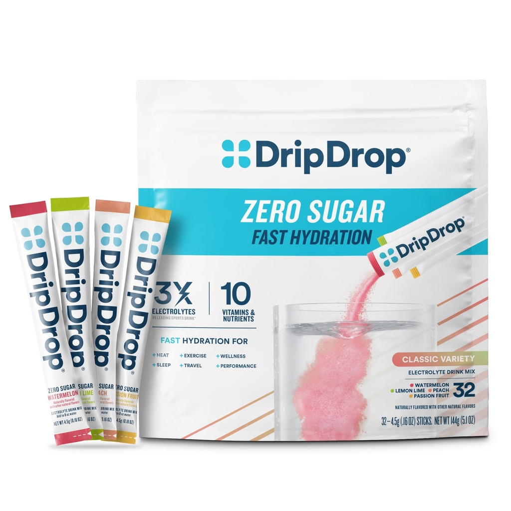 DropDrop Sugar Free Hydration Pakiety - Zero Classic Variety Pack - Pojedyncze podanie Electrolytes proszku Drink Mix - Lemon Lime, Arbuz, Brzoskwinia, Passion Fruit - Non-GMO, Gluten Free, Wegan - 32 Sticks