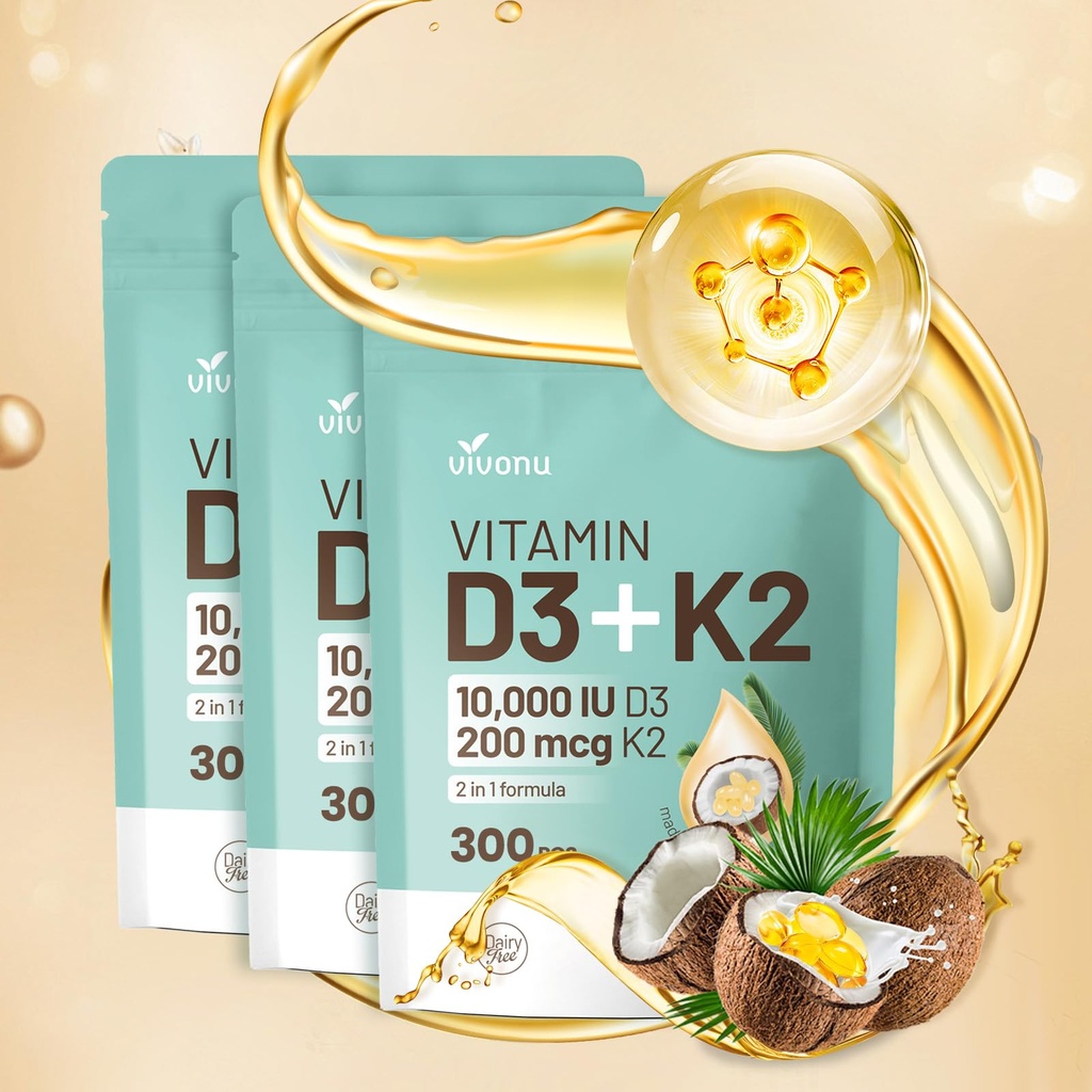 Witamina D3 10000 iu Plus K2 (MK- 7) 200 µg, 300 Softgels oleju kokosowego 124; 2 w 1 VIT D & K Complex 124; Wchłanianie wapnia, kości, immunologiczne, & Heart Health - Łatwe do połknięcia (900 Softgels / 3 Bag)