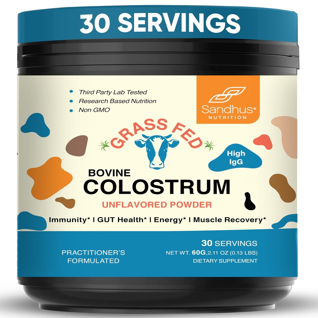 Sandhu 's Grass Fed Bovine Colostrum Proszek dla ludzi, Dorośli 124; 30 Sługi (Pack of 1) Supplement Krowy 124; Wysoka IgG dla Gut Health 124; Immunitet & Wsparcie Odzyskiwania Mięśnie 124; Nieoczarowany 124; dla mężczyzn i kobiet