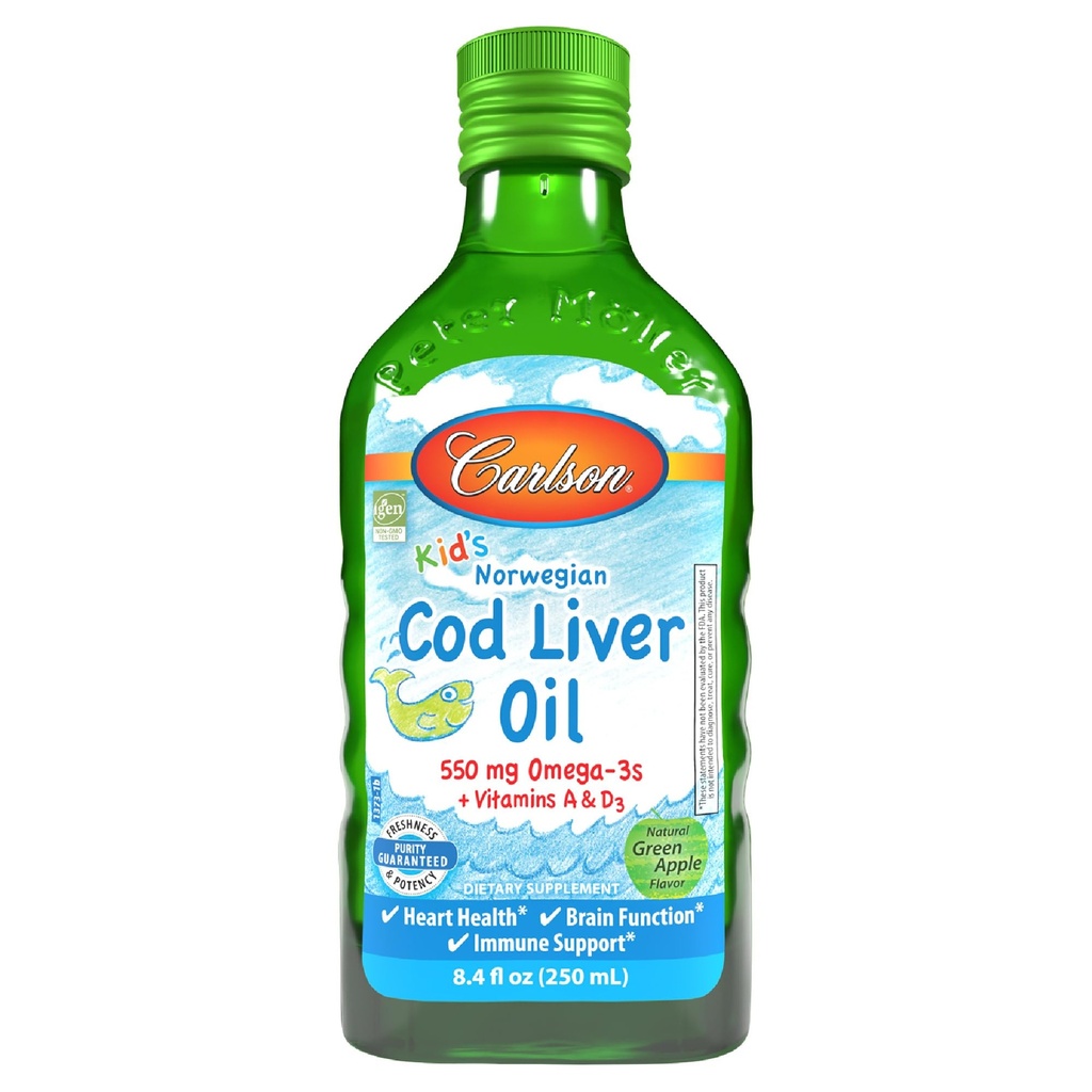 Carlson - Olejek z wątróbki dorsza, 550 mg Omega- 3, Plus Vitaminy A i D3, Olej z ryb płynnych, Wild Caught Norwegian Arctic Cod, Sustainable Sourced Nordic Fish Oil, Green Apple, 250 ml (8.4 Fl Oz)