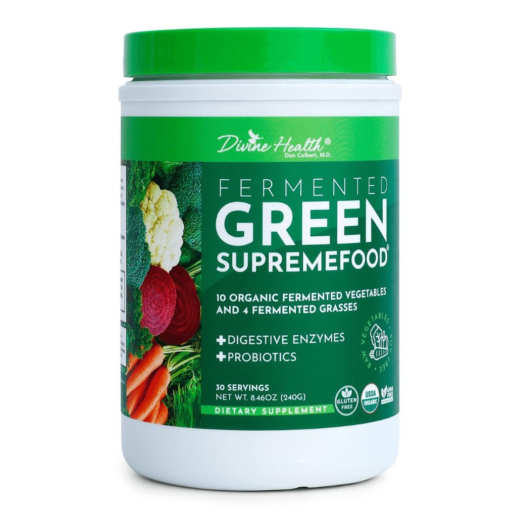 Boskie zdrowie Fermented Green Supremefood 124; 14 USDA Organiczne i fermentowane Warzywa i trawy 124; Probiotyki 124; Enzymy 124; Jabłko Cynamon Flavor 124; 30 Sługi 124; 240g