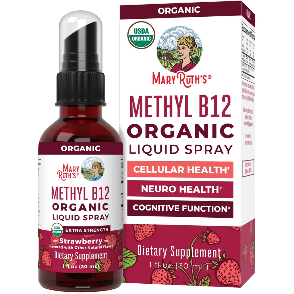MaryRuth Organic Witamina B12 Rozpylacz płynny 124; Wegan, Non-GMO, Gluten- Free Supplement 124; USDA Organic Supplement Agreement 124; Energia i system nerwowy Wsparcie 124; B12 Witaminy dla Kobiet i Mężczyzn 124; 720 µg Agregat 124; 1 Fl Oz