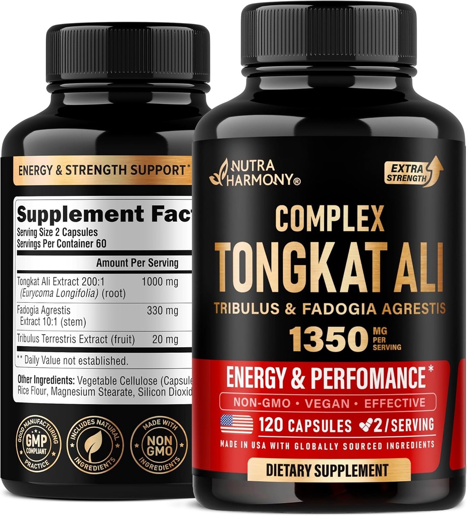 Tongkat Ali Men 1350mg Complex - Fadogia Agrestis 124; Tribulus Terrestris - Energia, Siła i Wsparcie wydajności - Dodatkowa siła 200: 1 Ekstrakt - 3. strona Tested, Made in USA - 120 Kapsułki / 2 Miesiąc