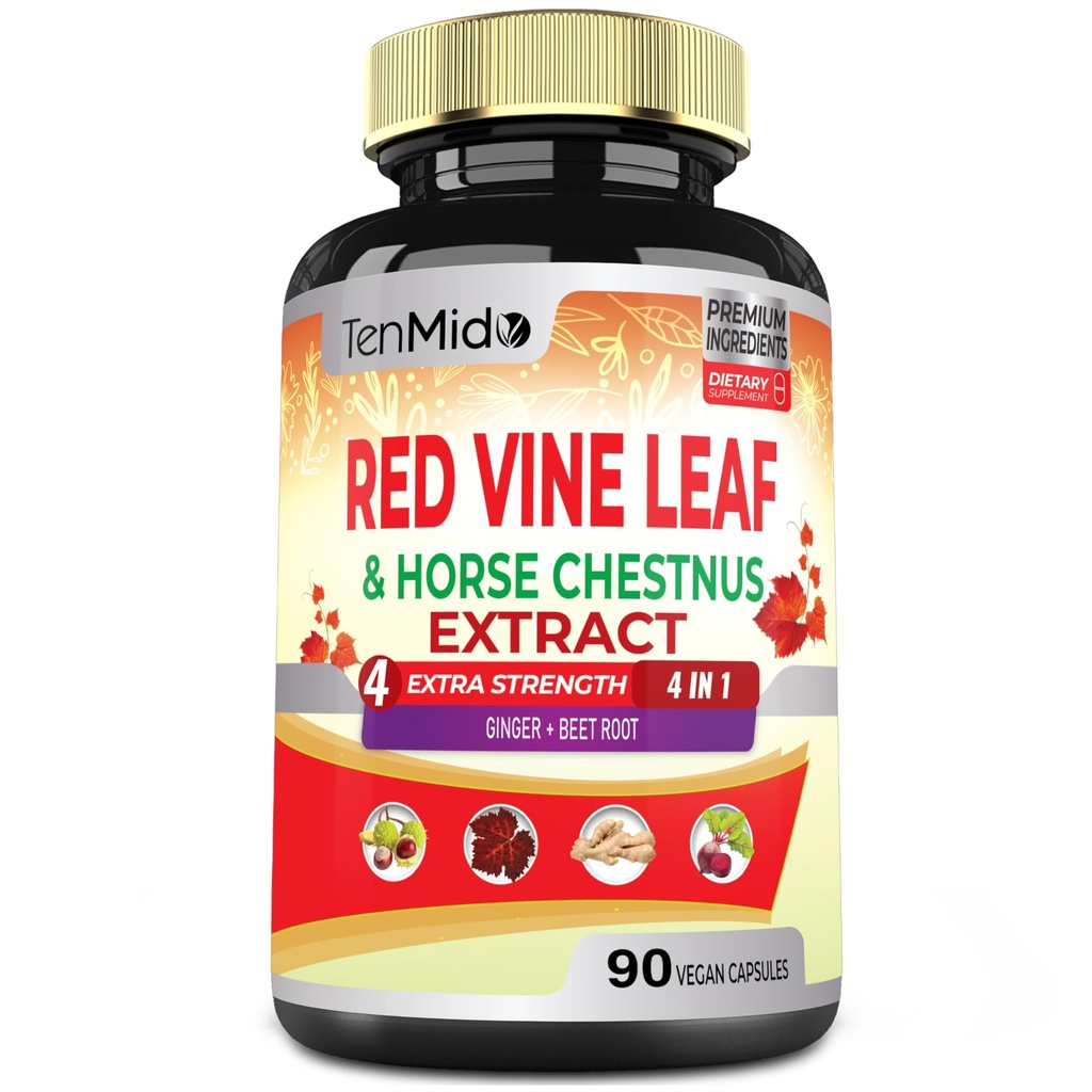 Red Vine Leaf Extract Kapsułki - z kasztanowca, buraka, imbiru - Herbal Supplement for Heart, Leg Vein & Energy - 90 Kapsułki wegetariańskie na 45 dni