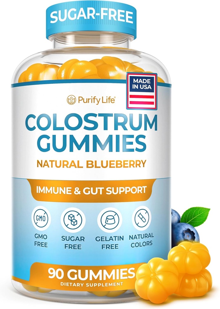 Gumy bez barwnika cukrowego (1500mg) Kolostrum bydlęcy dla ludzi, suplement pokarmowy dla Gut Health, Leaky Gut Repair, Wsparcie immunologiczne, Zdrowie skóry - 35% IgG Per Serving
