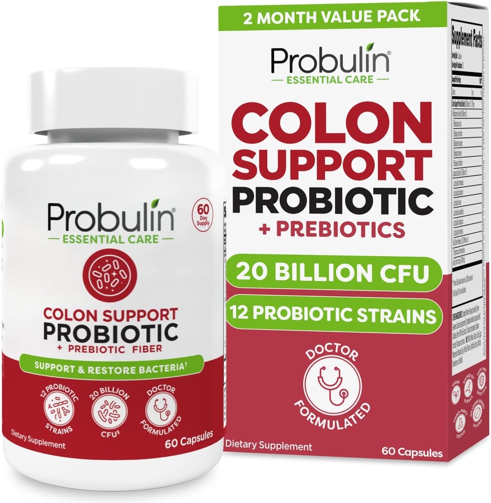 Probulin Colon Supplement Probiotic Supplement, Daily Gut, Digestive, i immunologicznego zdrowia Probiotyki Kapsułki dla mężczyzn i kobiet, 20 Miliard CFU, Wegan, 60 Licz butelek