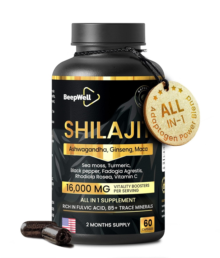 Shilajit Kapsułki dla mężczyzn i kobiet, 16.000mg Pure Himalayan Organic Shilajit wspiera witalność i Wellness, Premium Pure Himalayan Suplement 2 Miesiące dostaw, 60 Kapsułki