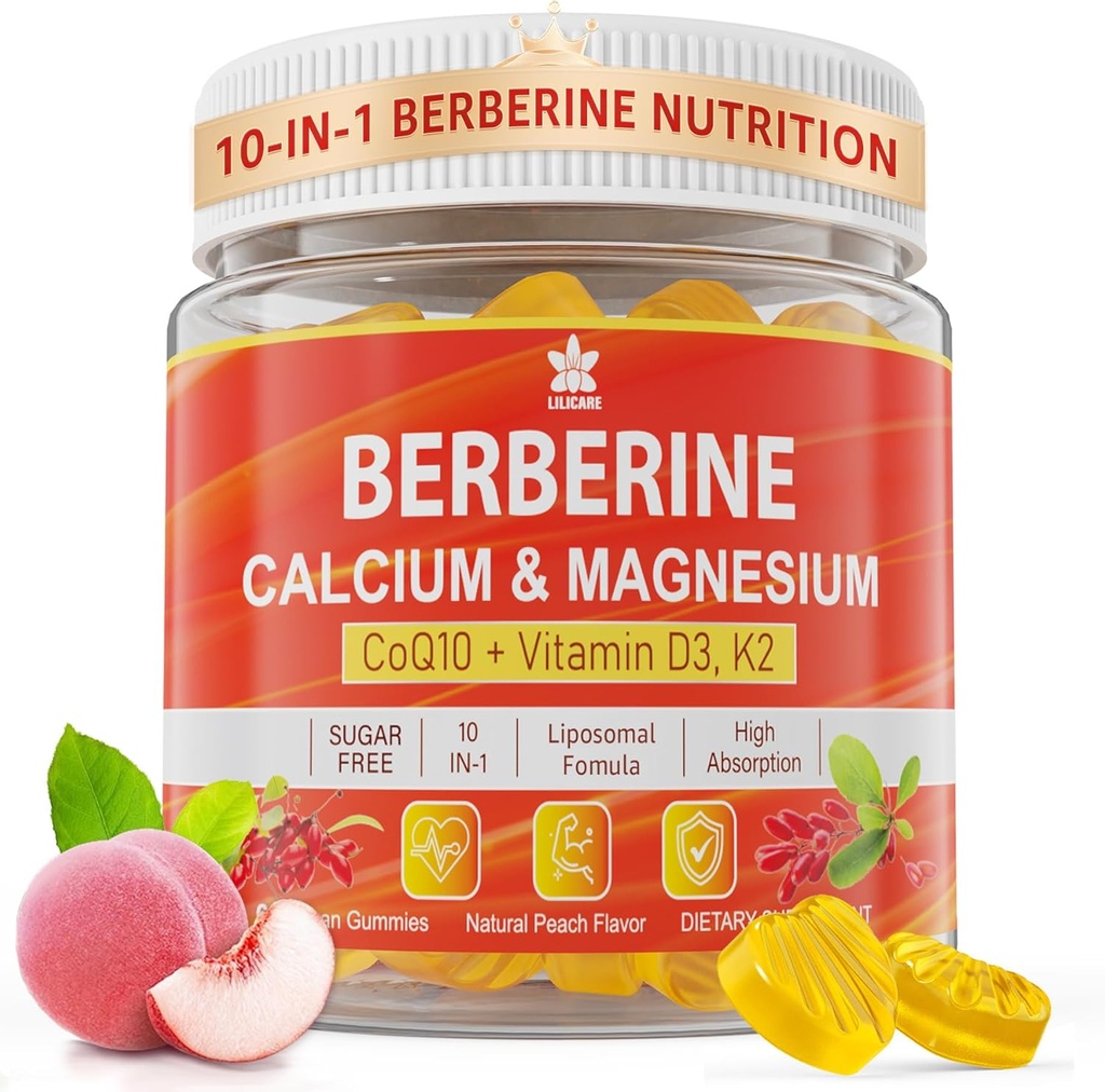 Berberine Gummies Sugar Free, Dodatkowa absorpcja z liposomalem Berberine & Berberine HCI, Wapń, Magnez, Aktywitor AMPK dla cukru i poziomu, Energia, Metabolizm, Wegan, Opakowanie z 1
