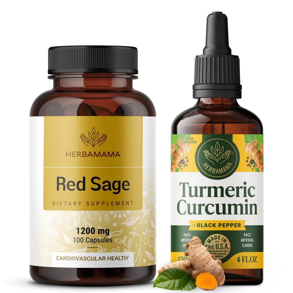 HERBAMAMA Red Sage and Turmeric Kit - Zestaw 1200 mg Red Sage Dan Shen Capsules & Turmeric Curcumin Drops 2 fl oz - Vegan, Non-GMO, Sugar & Alcohol- Free - 2 Pack