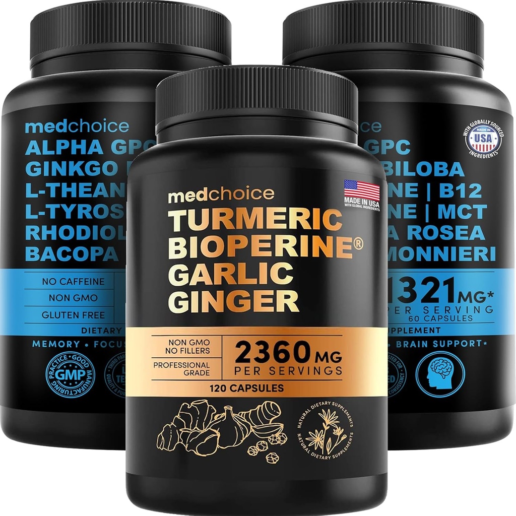 MEDCHOICE Turmeric & Ginger (120ct) i Nootropic Brain (120ct) Suplement Bundle - Wellness Duo dla Joint, Trawienie, Mózg, & Mood Support - Wegan, Non-GMO, Gluten- Free