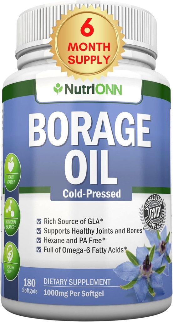 Borage Oil - 1000 mg - 180 Softgels - Cold Pressed High GLA Borage Seed Oil - Hexane and PA Free - Great for Skin, Hair and Bones.