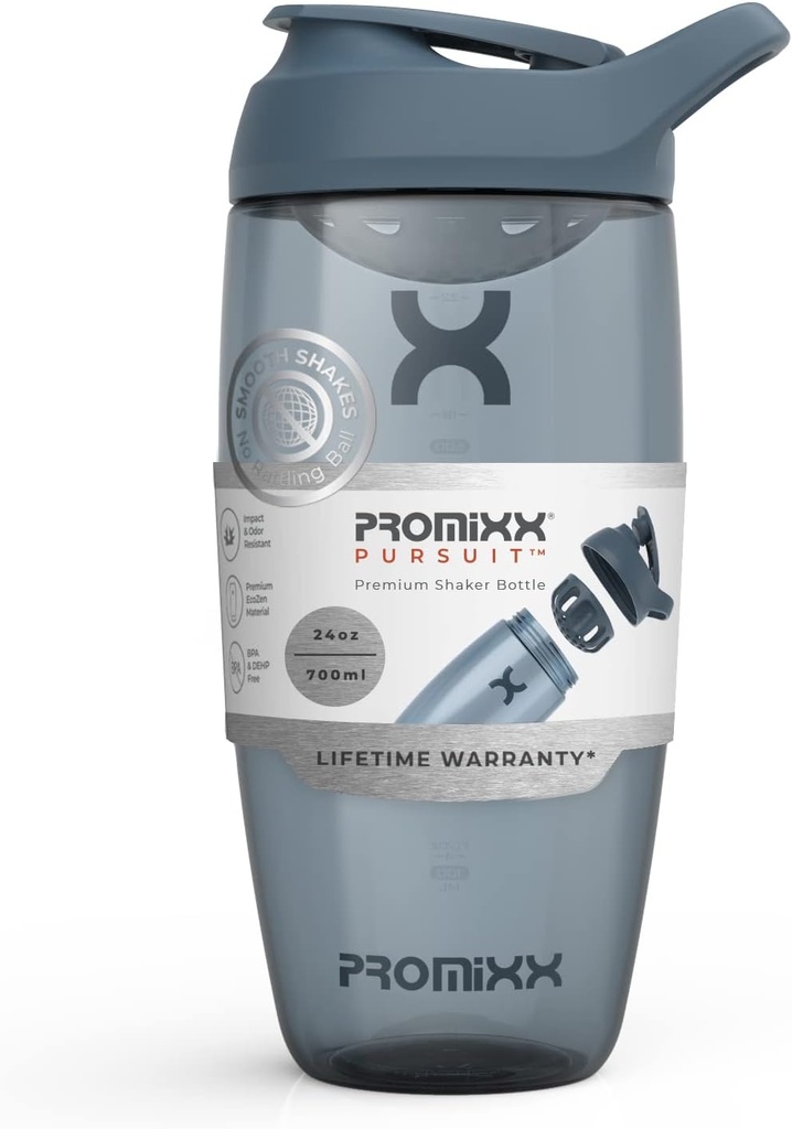 Promixx Pursuit Protein Shaker Butelka (24 oz) - Silent No- Ball Mixer, Leak- Proof Lid, BPA / BPS & Phthalate- Free ECOZEN - Easy- Clean Shaker Cup for Protein Shakes, Pre & Post- Workout Smoothies