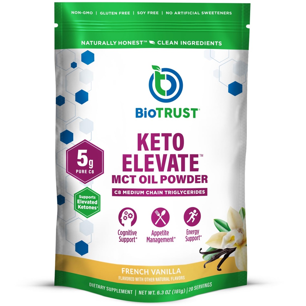 BioTrust Keto Elevate - C8 MCT Oil Powder - Ketogenic MCT Coffee Creamer, Keto Coffee Creamer - Clean Energy, Mental Focus, Clarity -100% Capiline Acid MCT Powder, Non-GMO (French Vanilla, 20 Servings)