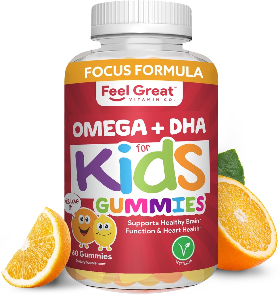 Poczuj wielką witaminę Co. Kompletne żelki DHA dla dzieci 124; z Omega 3 6 9 + DHA, Witamina C 124; Wspomaga zdrowe funkcje mózgu, Wizja i zdrowie serca 124; Gluten Free, Wegetariański 124; 60 Gummies