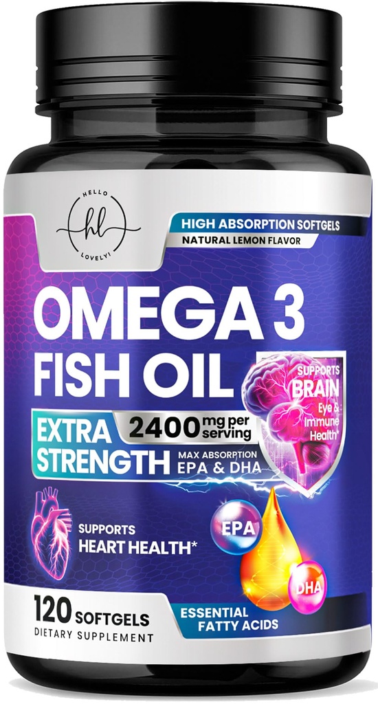 Omega 3 Fish Oil Supplements 2400mg - Triple Force Omega 3 Fatty Acids, Natural Heart Health Brain & Joint Support - Fatty Acids with EPA & DHA - Wild Caught Fish Oil Supplement - 120 Softgels