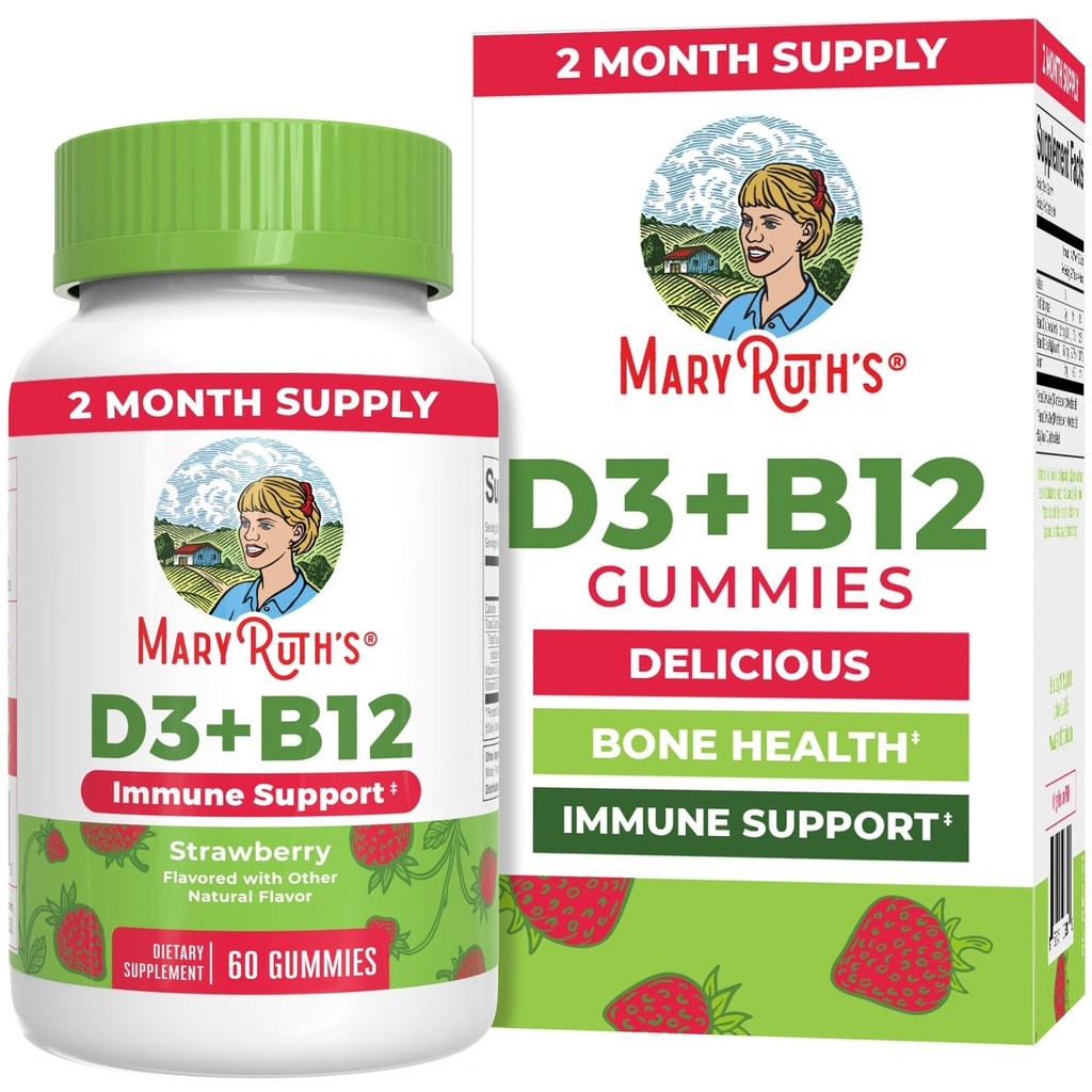 MaryRuth Organics Vegan Witamina D3 + Witamina B12 Gummies Between 124; 2 Miesiące dostaw 124; Wspiera zdrowie kości 124; Immune Supplement Supplement Agreement 124; Suplementy energetyczne 124; Metyl B12 Vegan Non-GMO Gluten Free Between 124; 60 Służenie