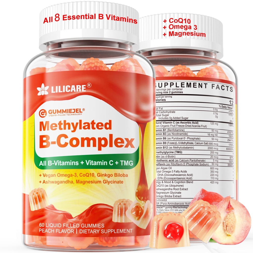 Super Methylled witaminy B Complex Gummies - Wszystkie witaminy B + Omega-3, Magnez, CoQ10, Ashwagandha, Witamina C, TMG- Dla kobiet Men- Metyl B12 2000 mcg, Metylfolan, B1, B2, B3, B5, B6, B7 - Bez cukru
