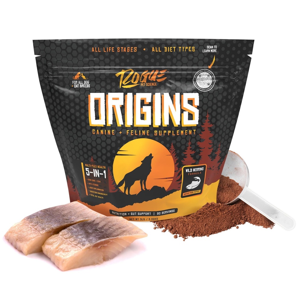 ROGUE PET SCIENCE Origins 5- in-1 Dog Supplement - Puderd Food Topper w / Natural Omega 3 Fish Oil - Wspiera zdrową trawienie, Skóra i płaszcz - pomaga zmniejszyć swędzenie i zapalenie stawów (5 funtów)