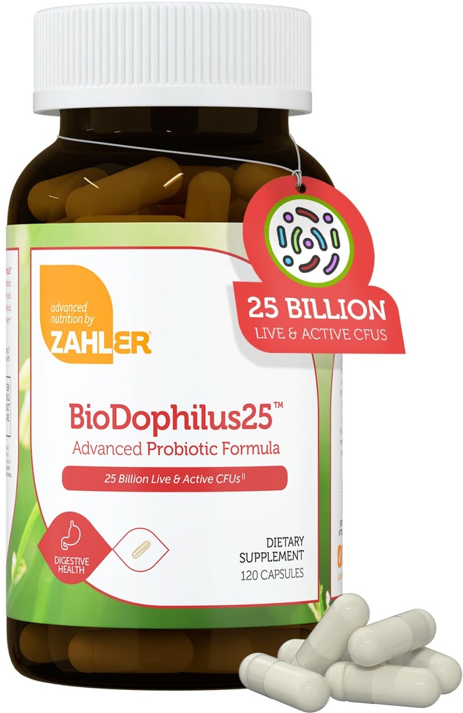 Zahler BioDophilus25, 25 Miliard CFU Probiotic + Prebiotic - 11 Cieśnin Codzienne Probiotyczne Suplement - Probiotyki koszerne dla Kobiet dla Zdrowia Żywieniowego, Probiotyki dla Mężczyzn dla Zdrowia Gutowego (120 Kapsułki)