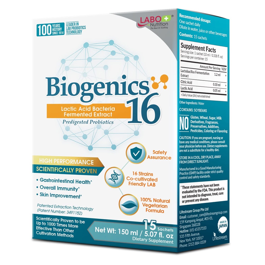 Labo Nutrition Biogenics 16- Lactic Acid Bakteria Fermented Extract, 1000x Bardziej skuteczne, Gut Health Support Beyond Probiotics & Prebiotyki, Poprawa skóry jelitowej i zdrowia immunologicznego, 10mlx15 saszetki