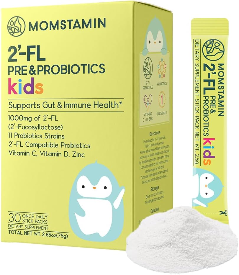 MOMSTAMIN 2 '-FL HMO Prebiotyki i Probiotyki dla dzieci, 1000mg ludzkiego mleka oligosacharyd 2' -FL Proszek, Opatentowany 11 Szczepów, Zdrowy Gut Mikrobiomu, Suplement immunologiczny i pokarmowy, IBS Relief - 30 Sticks