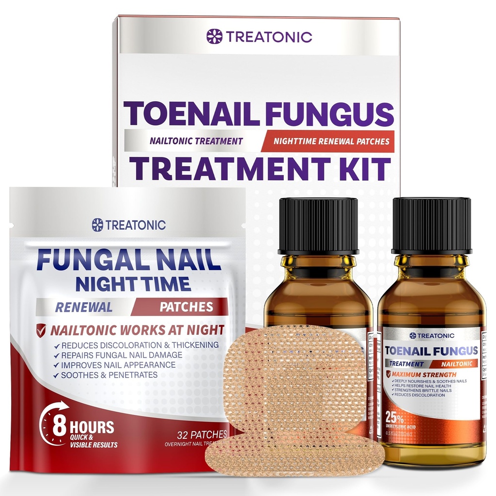 Treatonic Toenail Fungus Treatment Kit: Extra Strength Antifungal Nail Repair Solution with 25% Undecylenic Acid (30 mL) & 32 Nighttime Renewal Patches - Repairs Damaged & Restores Discolored Nails