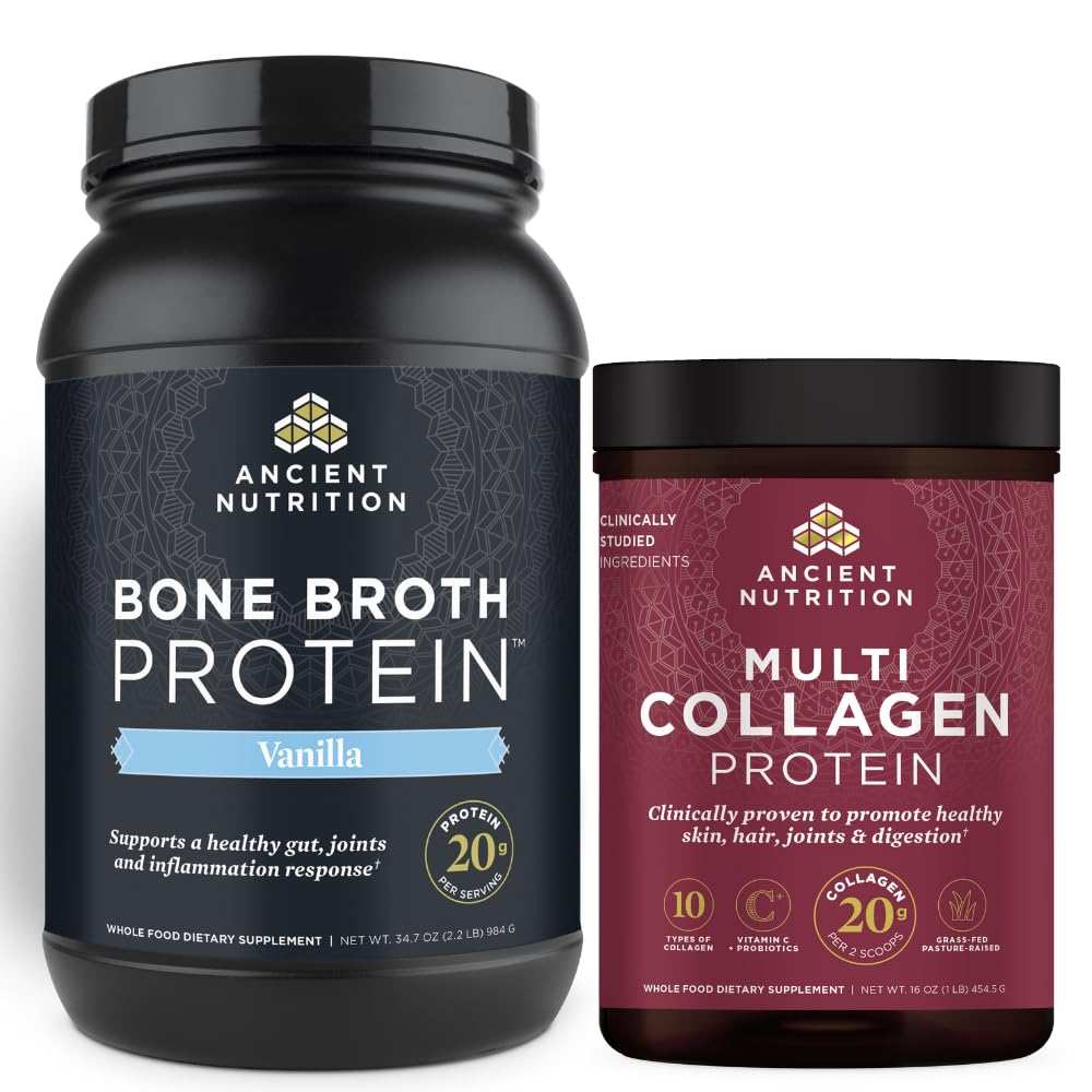 Ancient Nutrition Bone Broth Protein Powder, Wanilia, 40 Służenia + Multi Collagen Protein Powder, Unflavored, 45 Służenia