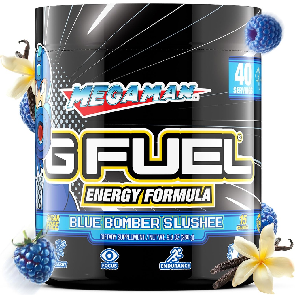 G Paliwo Megaman Energy Drink Powder, Pre Workout Cafeline Mix for Gaming, Sugar Free Focus Amino, Witamina + Przeciwutleniacze, 9.9oz (Blue Slushee, 40 Servings)