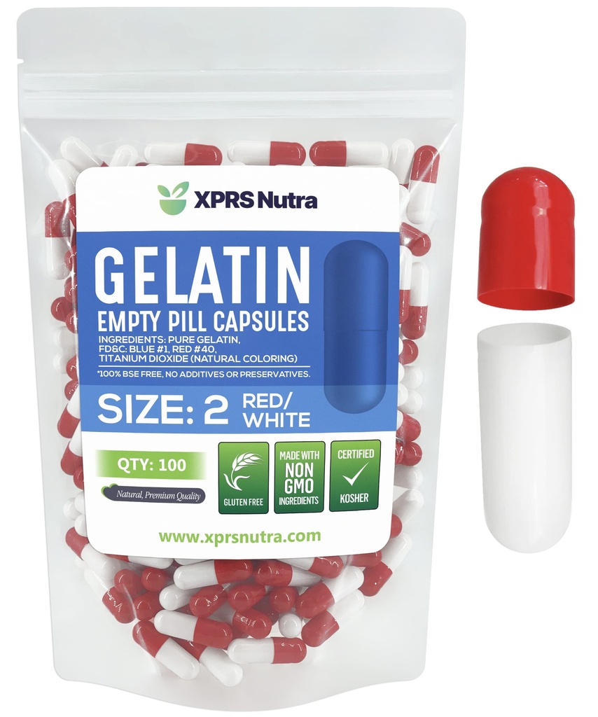 XPRS Nutra Rozmiar 2 Puste kapsułki - 100 Hrabia Puste kapsułki żelatynowe - Pigułki Diy Kapsułka Napełnianie - Czysty żel piórnik dla bydła Kapsułki Do- It- Yourself Supplements (czerwony / biały)