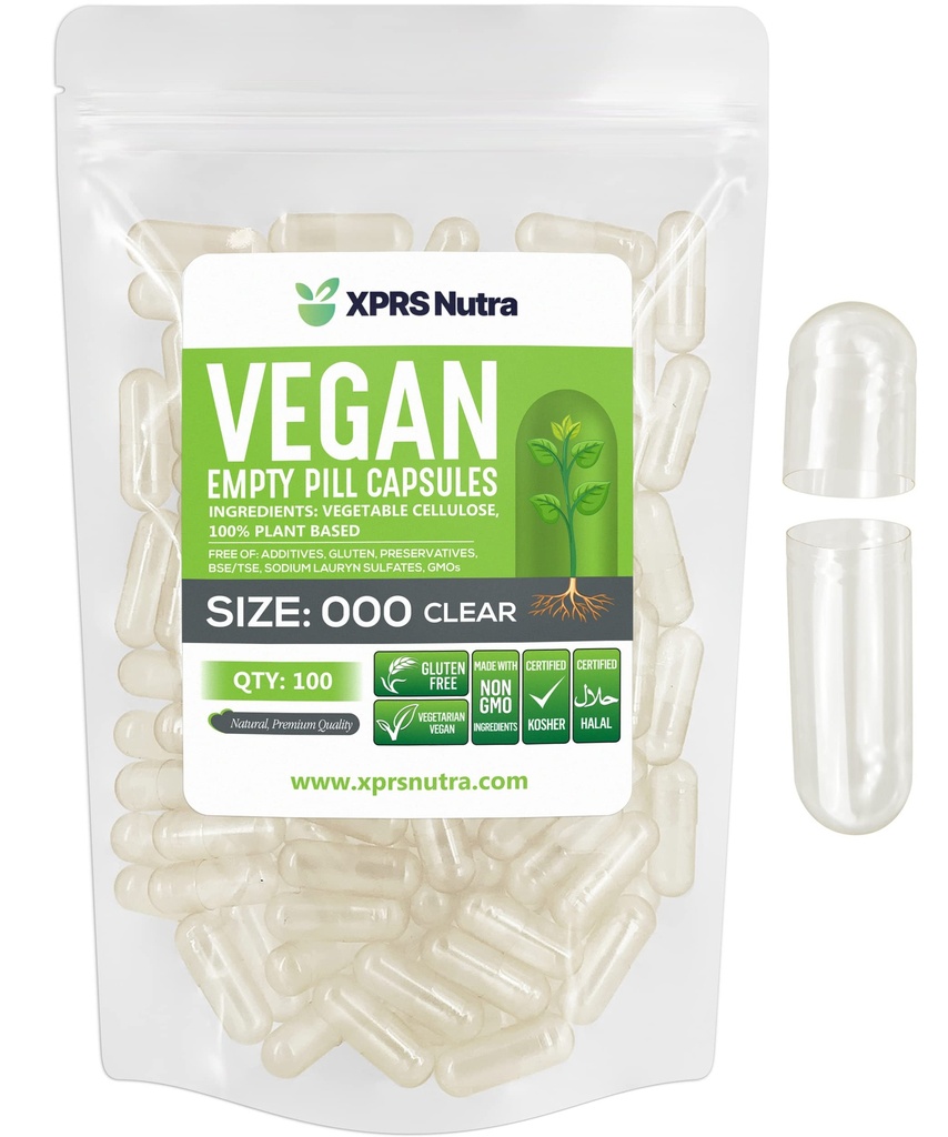 XPRS Nutra Wegan Rozmiar 000 Puste kapsułki - 100 Hrabia klarowny pusty Vegan kapsułki - Wegetariański pigułka - DIE Kapsułki warzywne Napełnianie - Kapsułki wegetariańskie Pigułki
