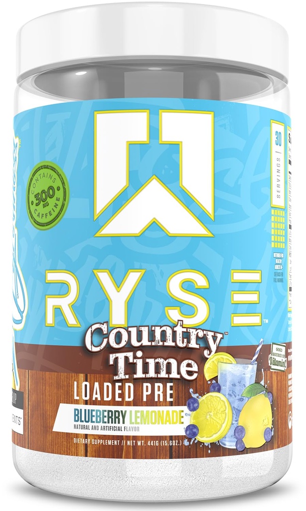 RYSE Loaded Pre Workout Powder - Country Time Blueberry Lemonade - Daily Pre-Workout for Men & Women with 300mg Caffeine, Beta Alanine, and Citrulline for Pump, Focus, and Energy - 30 Servings