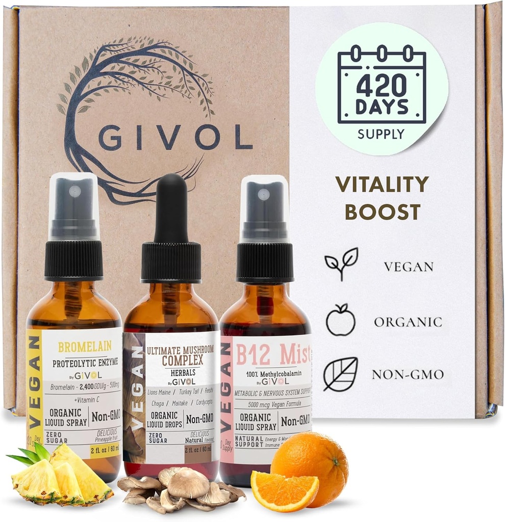 Vitality Boost Bundle Liquid Spray - Ultimate Mushroom Complex, Bromelain, B12 Methylcobalamina - Kompletny Multivitamin - Plant- Based, Non-GMO, Gluten Free, Sugar Free 2 Fl Oz (420 Days Supply)