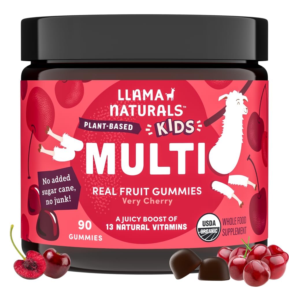Lama Naturals Dzieci Multivitamin Gummies, Wegan, Organic z witaminą D, C & K, Toddler Prawdziwe owoce Gummy Witaminy, suplement do żucia, Całość żywności Multivitamina, Nie dodawany cukier trzciny cukrowej, Cherry, 90 Ct