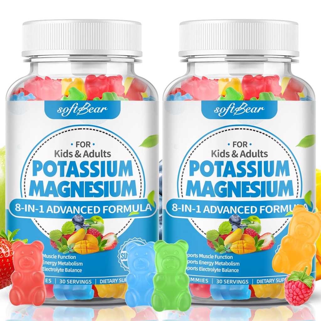 softbear Sugar Free Potasu Gummies Magnezu dla dorosłych Dzieci, Wysoka Absorpcja Suplement potasu Gummies Supports Noga Cramps & Mięśnie & Zdrowie immunologiczne, Pyszny mieszany aromat owoców 120 Count