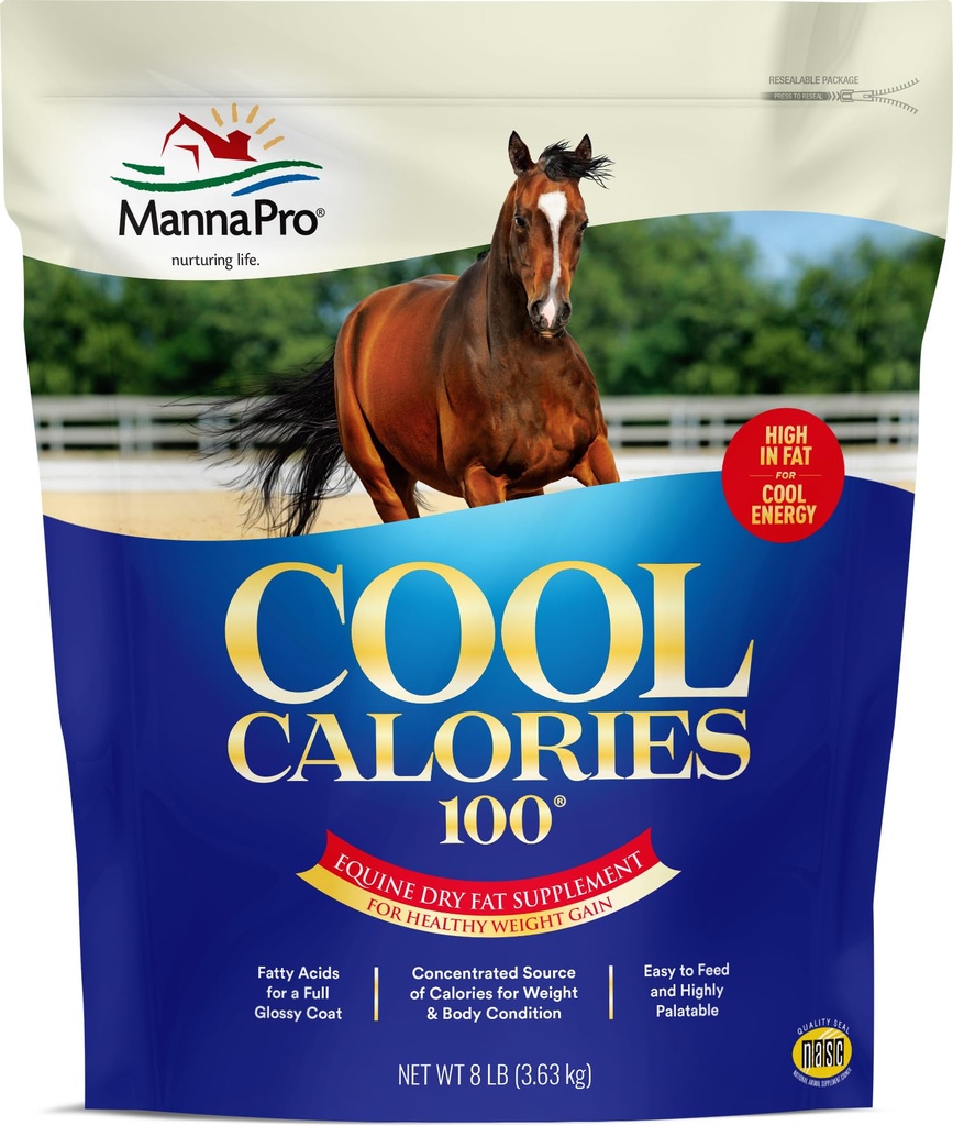 Manna Pro Cool Calories 100 - Equine Fat Supplement for Horses, Wspiera zdrowe zyski z masy ciała, konserwacji mięśni i błyszczący płaszcz, koncentrat suchego tłuszczu Calorie Booster, Low- Starch Formuła, 8 lb Bag