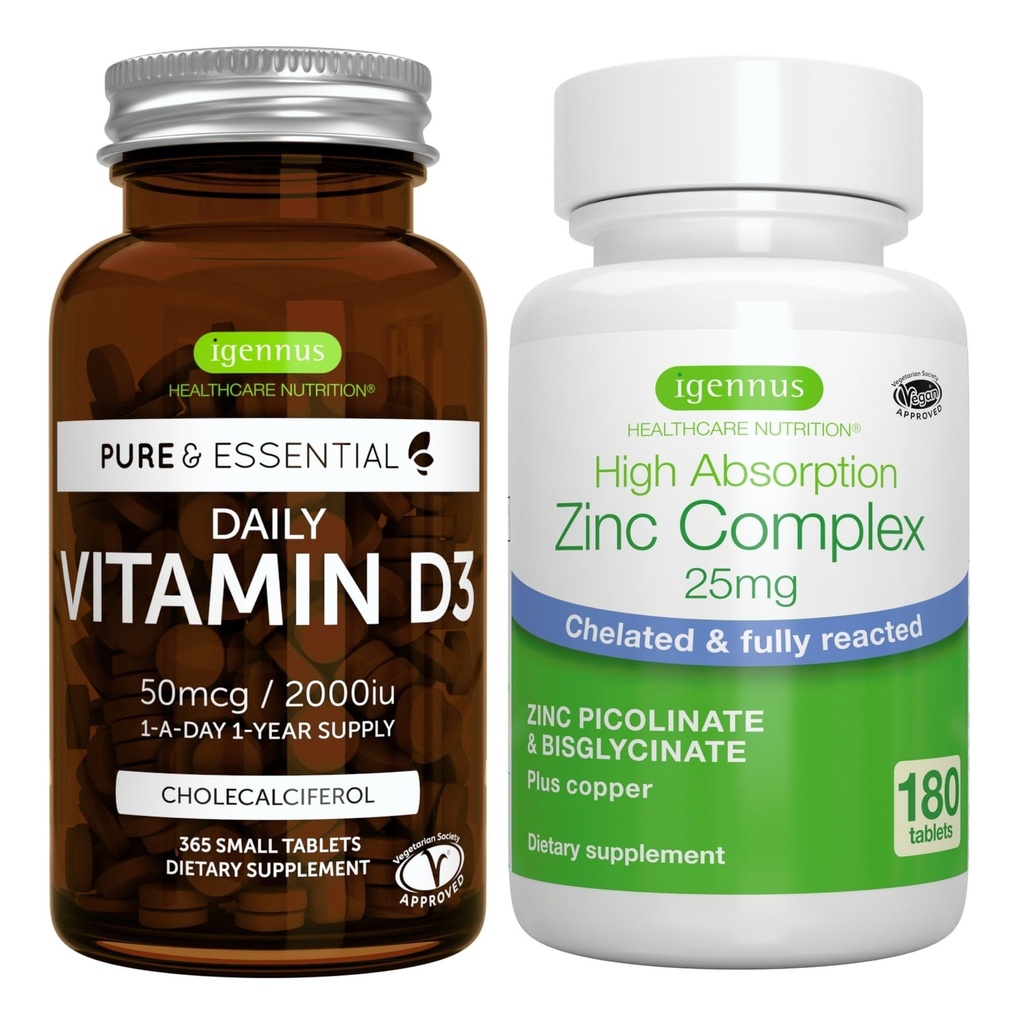 Codziennie Witamina D3 + Cynk Kompleks Wegetariański, 365 2000iu Witamina D3 Tabletki + 25 mg Chelated Pikolinian cynku i Bisglicynian z miedzi, przez Igennus