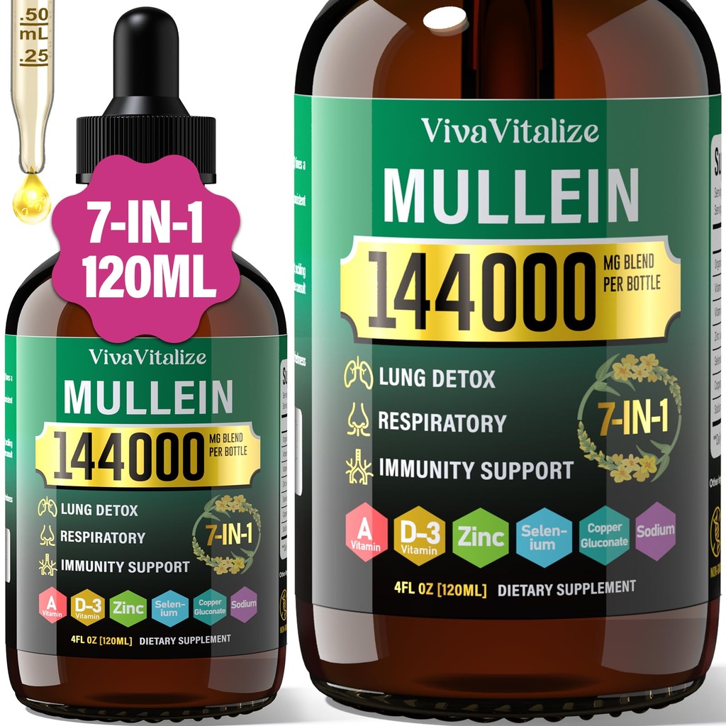Mullein Drops for Lungs, 144000mg Mullein Leaf Extract for Lungs Cleanse & Respiration Function Healthy Breathing Immune, Digestive System, Natural Herbal Supplement Sugar & Alcohol- Free, 120- Day Supply