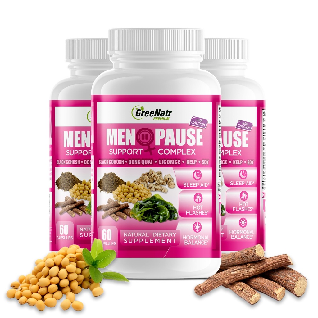 GreeNatr Menopauza Suplementy dla Kobiet - Perimenopauza Suplementy Kobiety z Dong Quai & Black Cohosh dla Menopauzy Gorące błyski - Menopauza Wsparcie dla jakości snu i Hormony Równowaga - 3 butelki