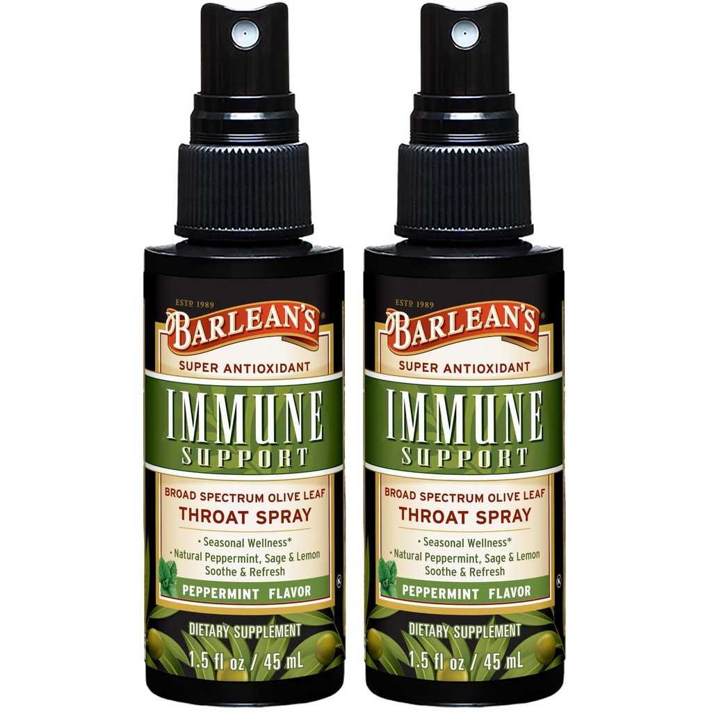 Barlean 's 2 Pack Olive Leaf Complex Throat Spray with Peppermint, Lemon, and Sage for Itchy Throat Relief, Immune Supplement, Liquid blended Extract, 1.5 oz