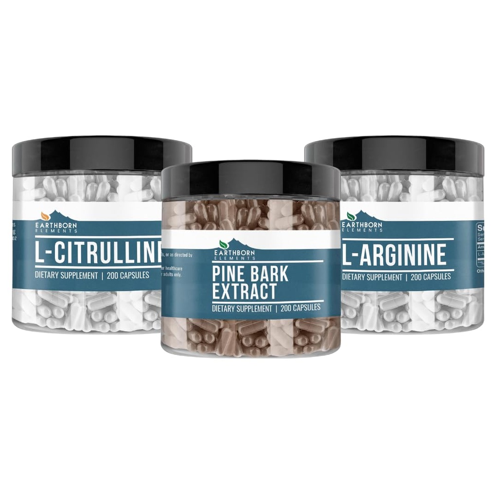 Earthborn Elements Pine Bark, L- Arginina, & L- Citruline Capsule Bundle, 200 Kapsułki Każdy, Czysty i Nierozcieńczony, Brak dodatków