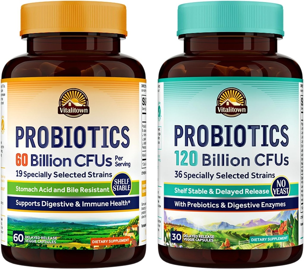 Vitalitown Probiotic Bundle (Pack of 2) XI124; Probiotics 60 Billion CFU (Item 1) & Probiotics 120 Billion CFU (Item 2) XI124; Shelf Stable XI124; Digestive & Immune Health XI124; 30 Day Supply Each