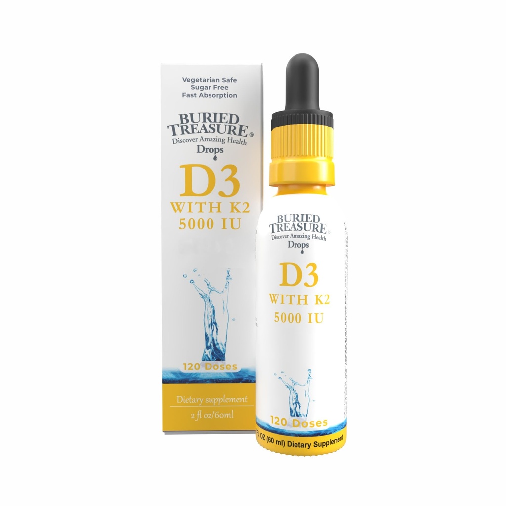 Pochowany Treasure Witamina D3 & K2 Dropy - 5000 j.m. D3 ze 100 µg K2 dla kości, Serca i wsparcia immunologicznego, Cukier wolny, 2 fl oz