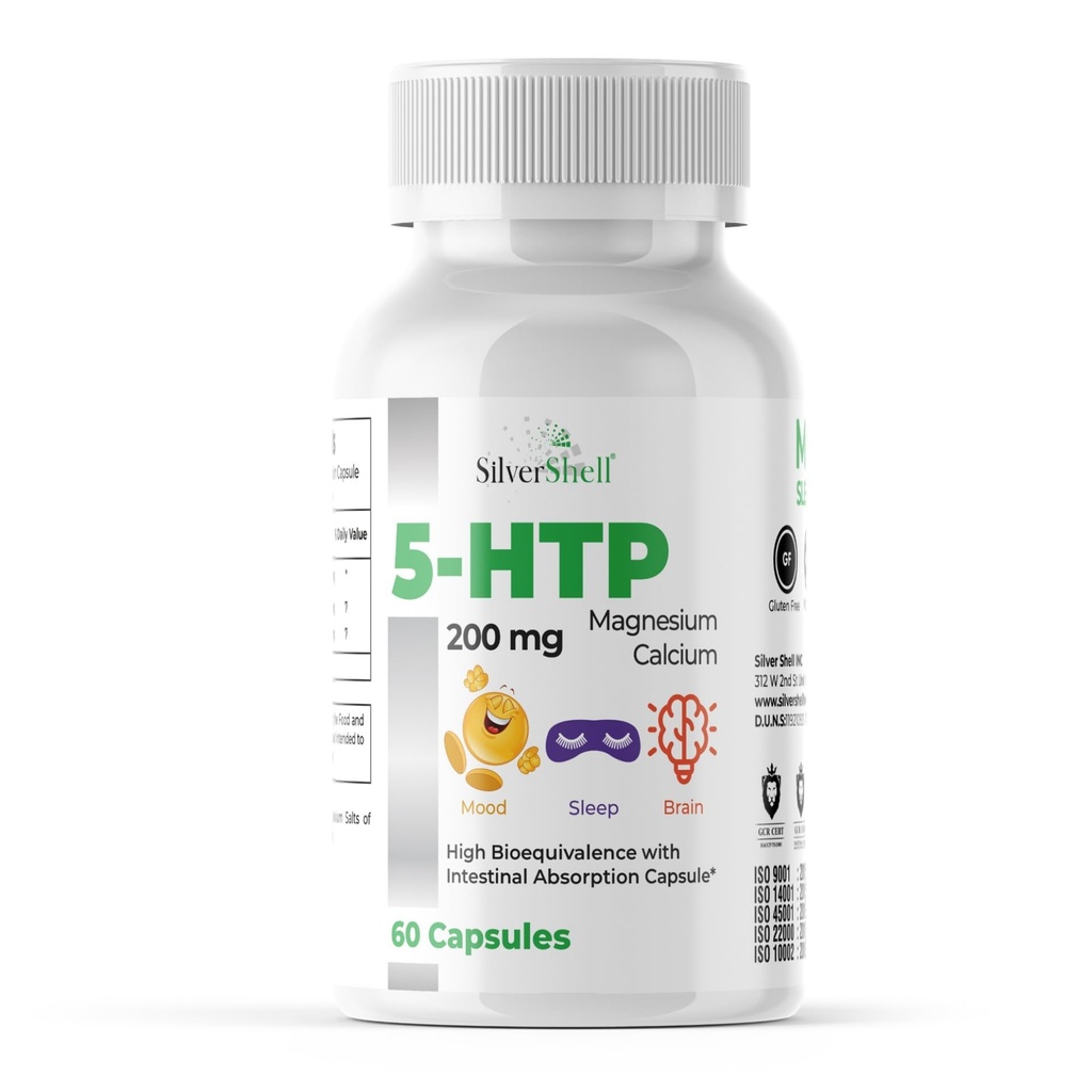5- HTP 200 MG Plus Wapń i Magnez dla Mood, Sen i Mózg Funkcje - 1 kapsułki na Serving, 60 kapsułek