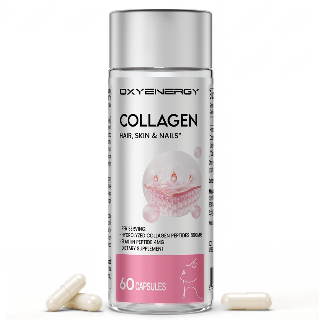 Kolagen OxyEnergy Peptydy Kapsułki dla kobiet, 800mg Zhydrolizowany Kolagen (Typy I) Suplementy z peptydami Elastyny, 60 Kolagenowe tabletki do promowania włosów, paznokci, skóry, Colágeno en Capsulas