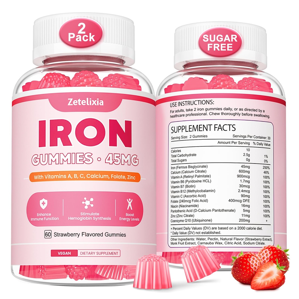 Wegańskie 2 Pack żeliwne gumki suplement dla kobiet i mężczyzn, Anemia, Blood Builder & Wsparcie energetyczne dla niedoboru żelaza, z witaminą C, A, B Complex, Folate, CoQ10, Sugar Free, Non-GMO, 120 Count