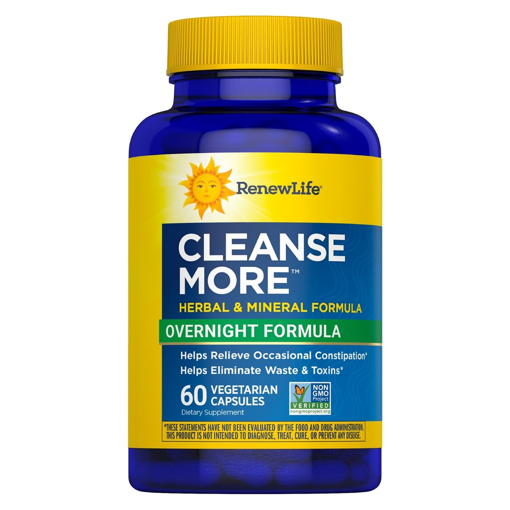 Renew Life Cleanse More Herbal Formuła z Magnezu do Overnight Ocasional Zaparcia Relief; Pomaga Promowanie odpadów i Toxin Elimination; Gluten, Dairy i Soy Free; 60 Kapsułki wegetariańskie *
