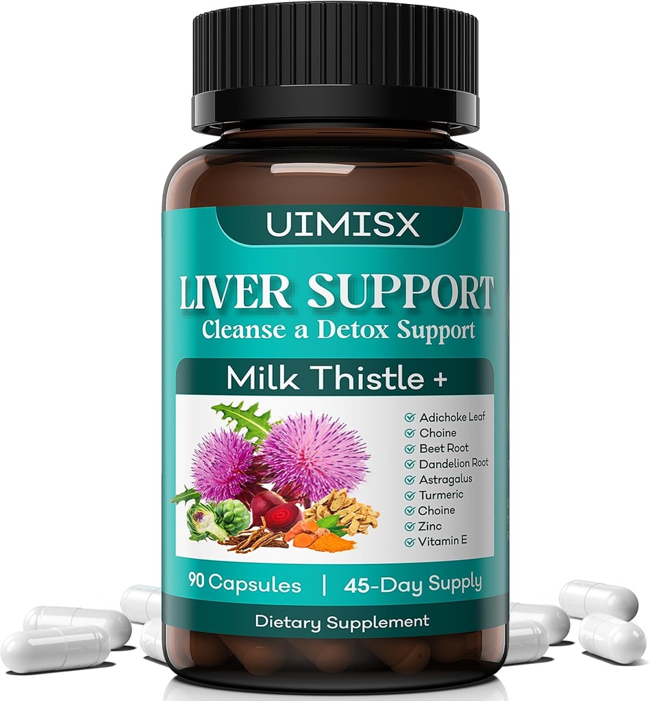 Suplement do cieśni mleka - Detox wątroby oczyszczony Formuła Herbal Liver Support with Milk Tistle, Dandelion Root, Karczoch, Turmeric, Astragalus for Liver Health, 90 Kapsułki