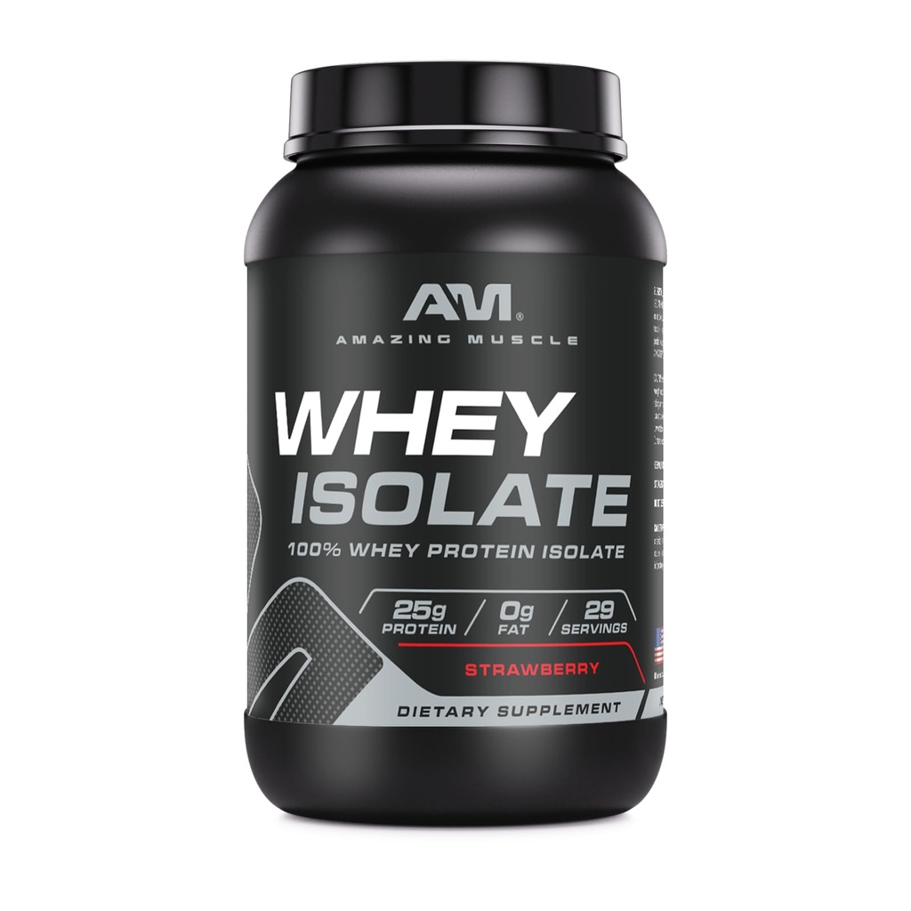 Amazing Muscle Whey Protein Isolate Powder Building 124; 25 Grams Protein Per Serving Building 124; 100% Whey Isolate Building 124; Zero Fat Disolate 124; Made in USA (2 Lb, Strawberry)