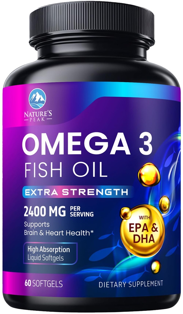 Omega 3 Fish Oil 2400 mg Suplement, zrównoważony sourced, Triple Force Omega- Suplement Softgels, Wsparcie zdrowia mózgu, EPA & DHA Fish Oil Fatty Acids Supplements, Gluten & GMO Free, 60 Softgels